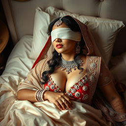 An evocative image of a blindfolded desi bride lying gracefully on a bed, exuding a sense of mystery and allure