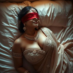 An evocative image of a blindfolded desi bride lying gracefully on a bed, exuding a sense of mystery and allure