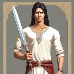 A realistic depiction of a young, lean Indian man, with fair skin, slightly longer neat hair, dressed in simple, casual Indian royal attire, holding a brilliant diamond sword