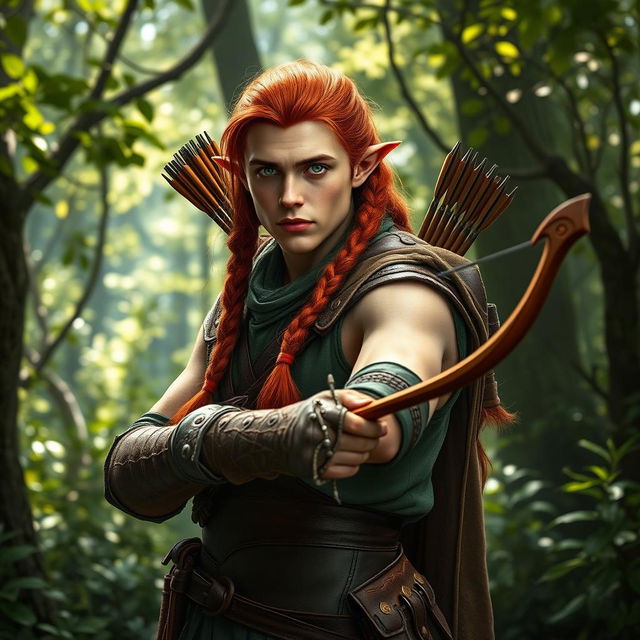 A male elf ranger with long, braided red hair, posed gracefully in a serene, enchanted forest