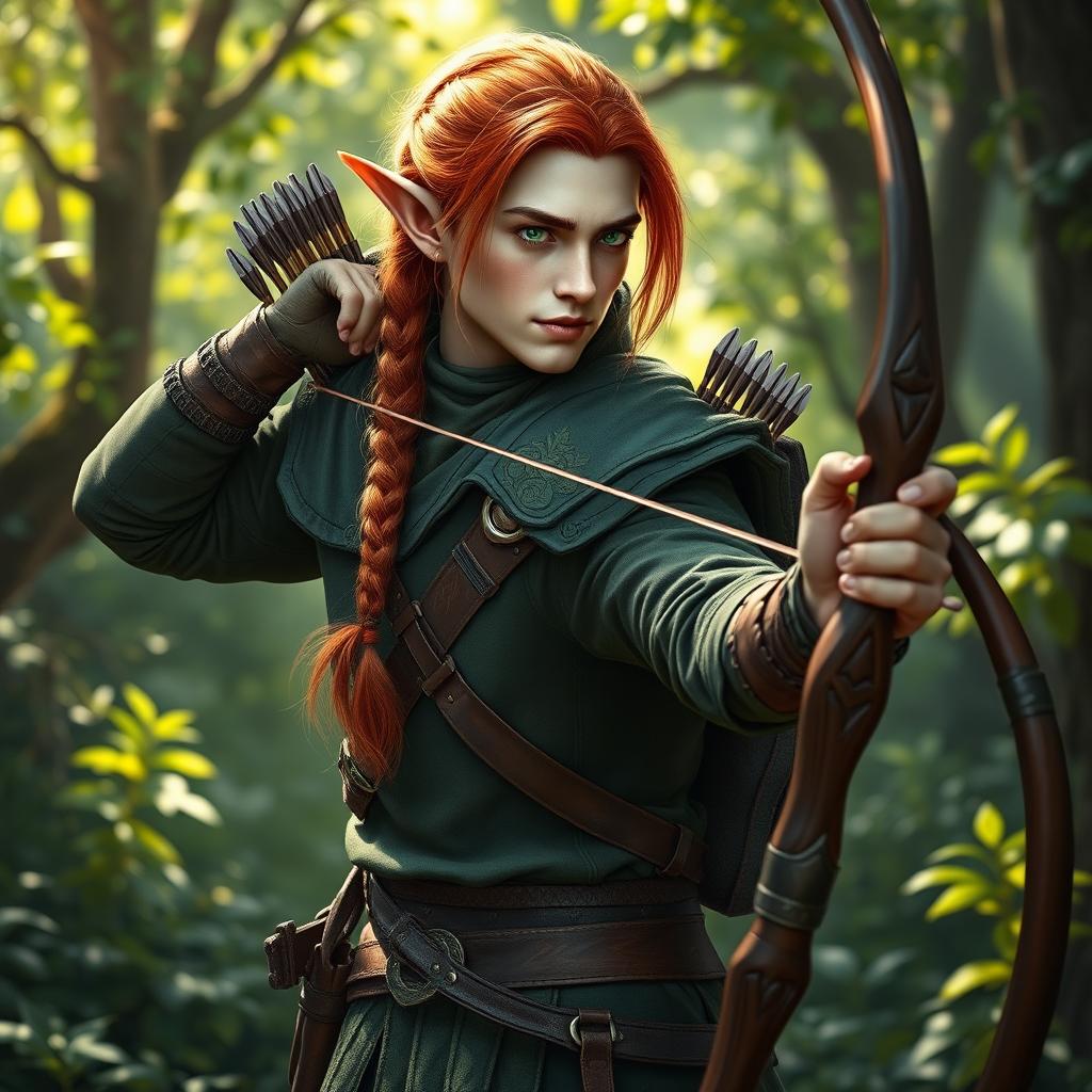 A male elf ranger with long, braided red hair, posed gracefully in a serene, enchanted forest