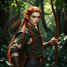 A male elf ranger with long, braided red hair, posed gracefully in a serene, enchanted forest