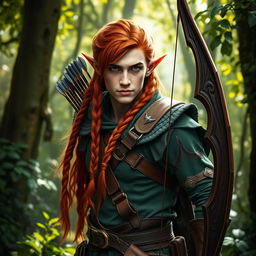 A male elf ranger with long, braided red hair, posed gracefully in a serene, enchanted forest