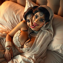 An alluring image of a desi bride lying gracefully on a bed, her voluptuous figure accentuated as she displays a beautiful cleavage