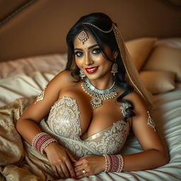An alluring image of a desi bride lying gracefully on a bed, her voluptuous figure accentuated as she displays a beautiful cleavage