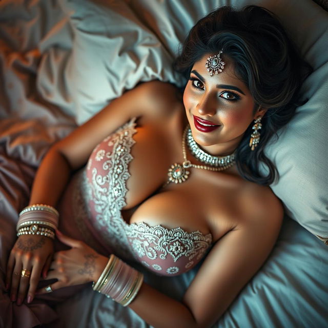 An alluring image of a desi bride lying gracefully on a bed, her voluptuous figure accentuated as she displays a beautiful cleavage