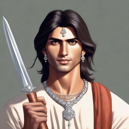 A realistic depiction of a young, lean Indian man, with fair skin, slightly longer neat hair, dressed in simple, casual Indian royal attire, holding a brilliant diamond sword