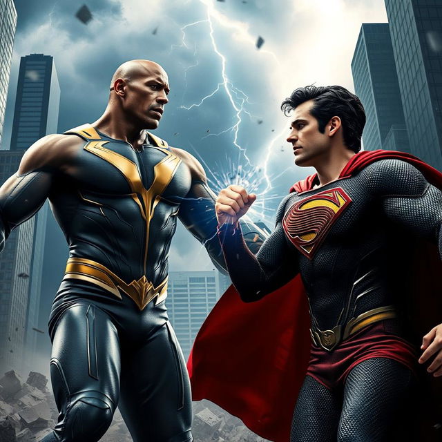 A thrilling action scene from the upcoming movie 'Black Adam V Superman: Dawn of Justice 2' featuring Dwayne Johnson as Black Adam and Henry Cavill as Superman