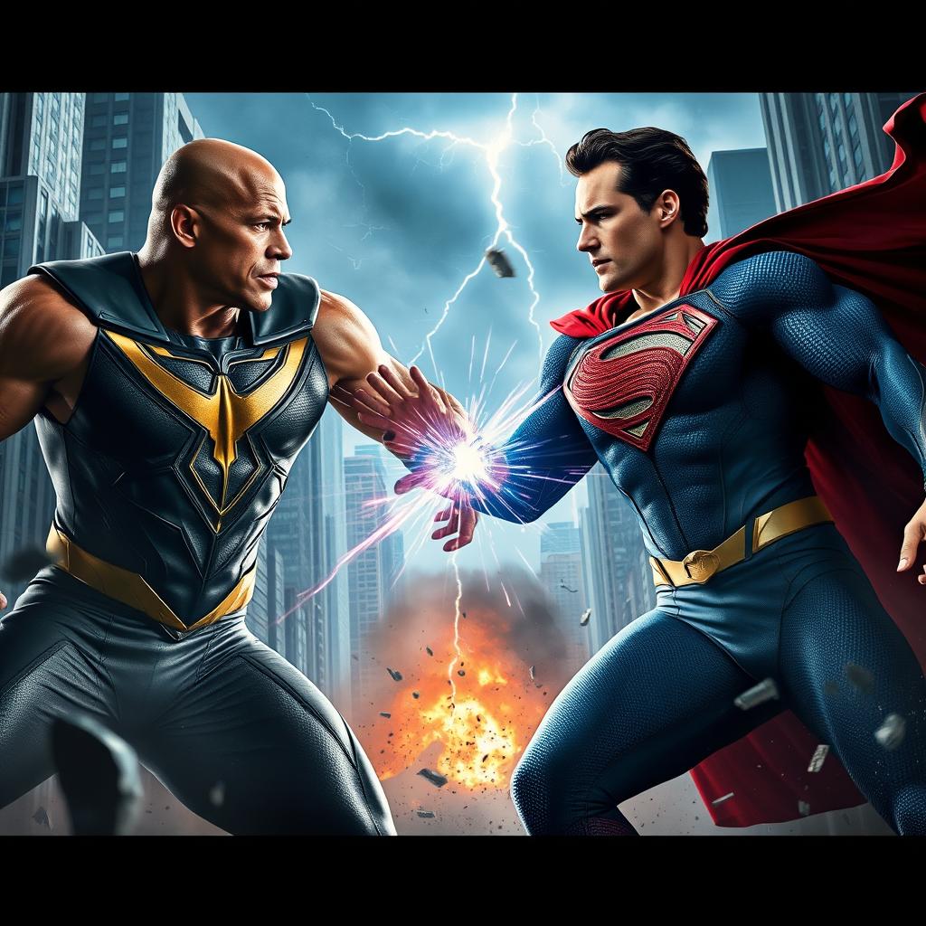 A thrilling action scene from the upcoming movie 'Black Adam V Superman: Dawn of Justice 2' featuring Dwayne Johnson as Black Adam and Henry Cavill as Superman