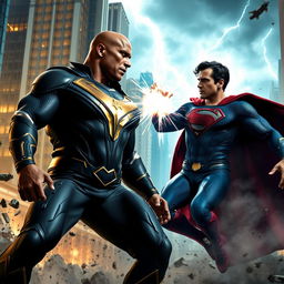 A thrilling action scene from the upcoming movie 'Black Adam V Superman: Dawn of Justice 2' featuring Dwayne Johnson as Black Adam and Henry Cavill as Superman