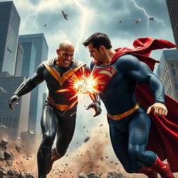 A thrilling action scene from the upcoming movie 'Black Adam V Superman: Dawn of Justice 2' featuring Dwayne Johnson as Black Adam and Henry Cavill as Superman