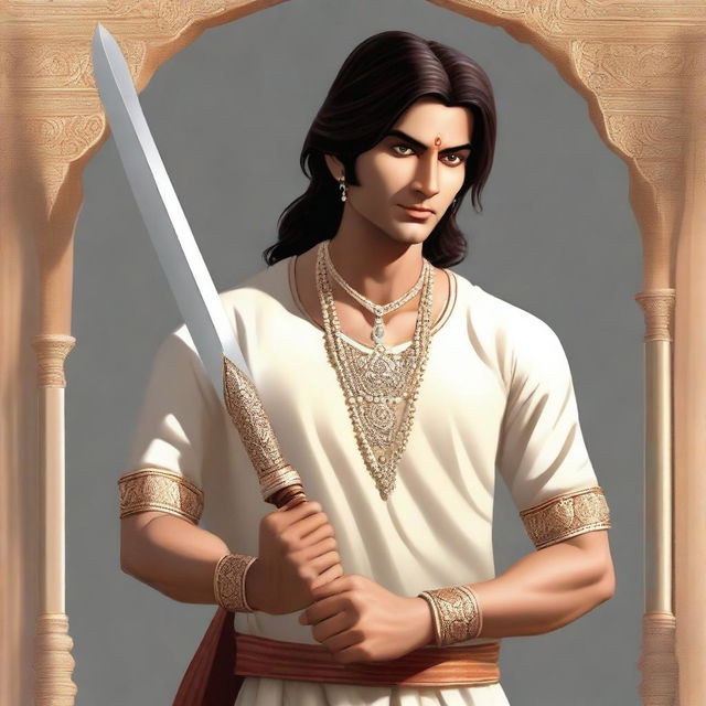 A realistic depiction of a young, lean Indian man, with fair skin, slightly longer neat hair, dressed in simple, casual Indian royal attire, holding a brilliant diamond sword