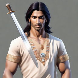 A hyper-realistic portrait of a young, lean Indian man, with fair skin, slightly longer neat hair, in simple casual Indian royal attire, gripping a lifelike diamond sword