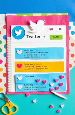 A whimsical paper collage art piece resembling a Twitter interface, featuring vibrant colored paper cutouts for the logo and buttons