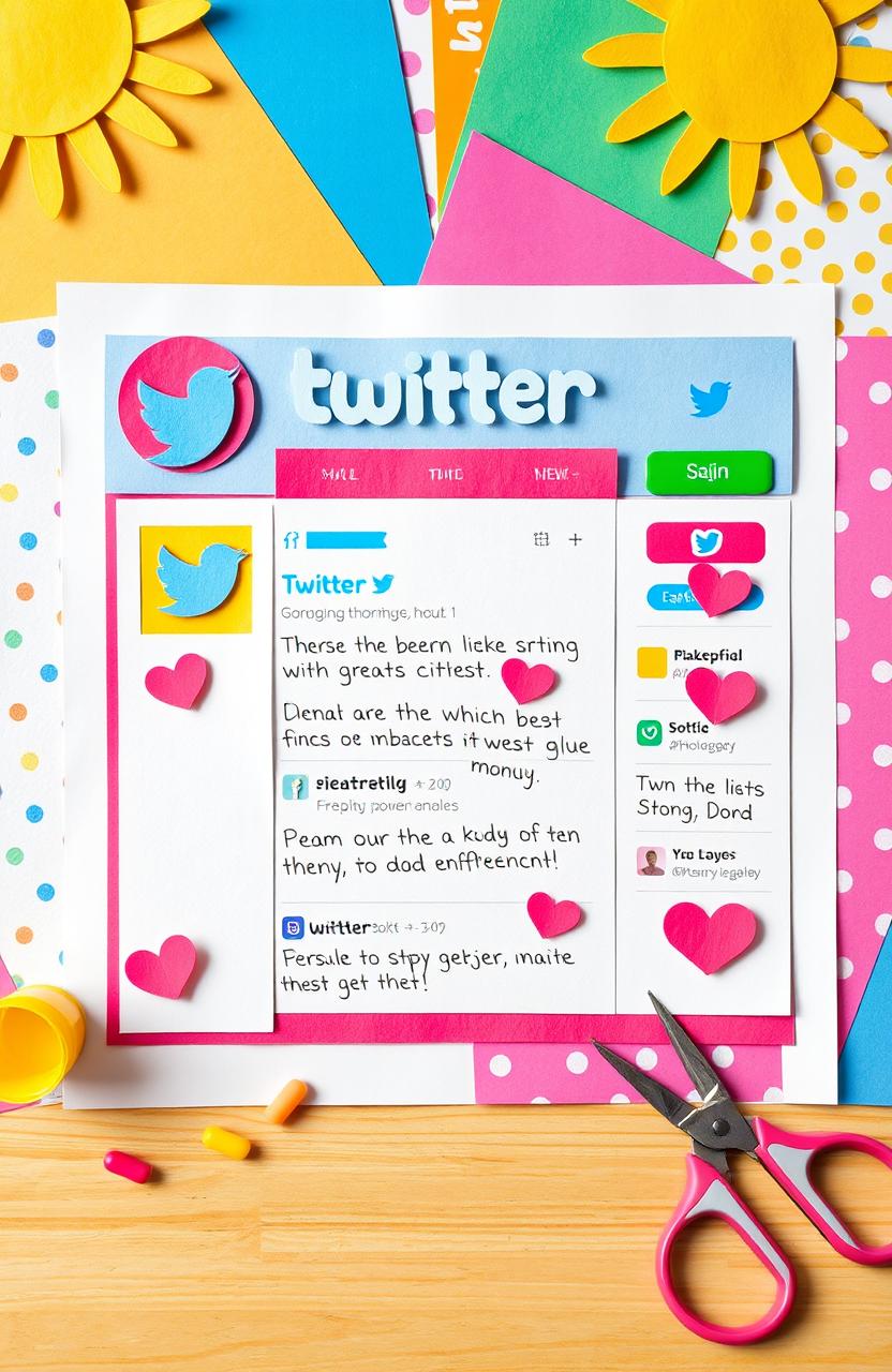 A whimsical paper collage art piece resembling a Twitter interface, featuring vibrant colored paper cutouts for the logo and buttons