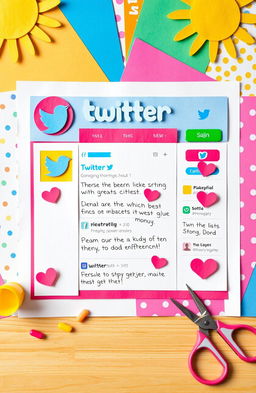 A whimsical paper collage art piece resembling a Twitter interface, featuring vibrant colored paper cutouts for the logo and buttons