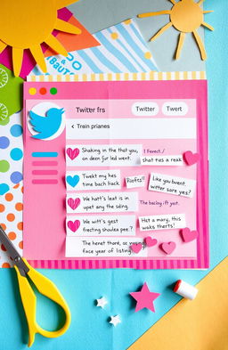 A whimsical paper collage art piece resembling a Twitter interface, featuring vibrant colored paper cutouts for the logo and buttons