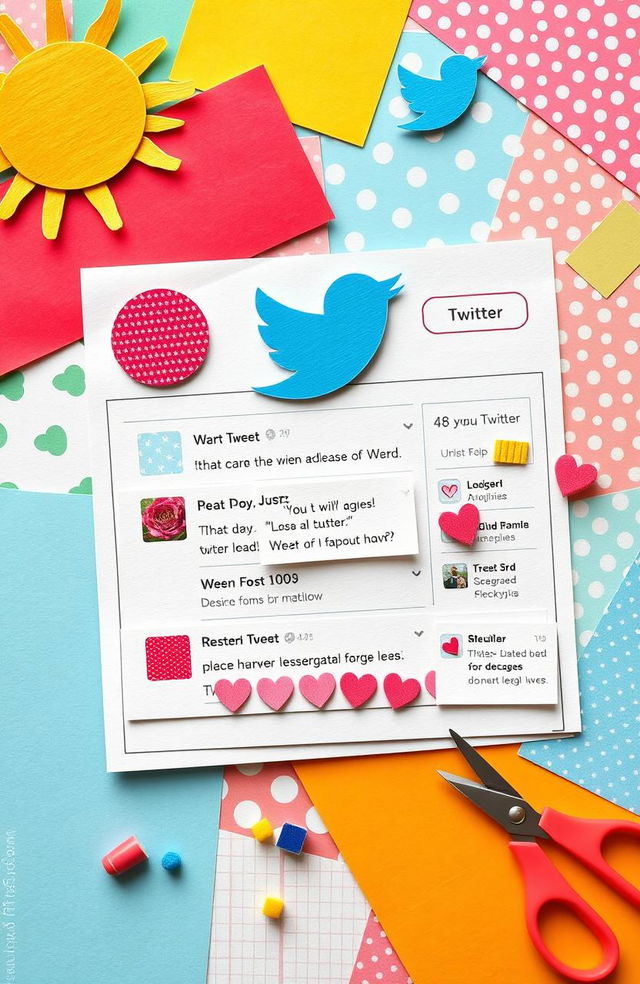 A whimsical paper collage art piece resembling a Twitter interface, featuring vibrant colored paper cutouts for the logo and buttons