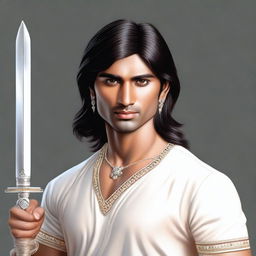 A hyper-realistic portrait of a young, lean Indian man, with fair skin, slightly longer neat hair, in simple casual Indian royal attire, gripping a lifelike diamond sword