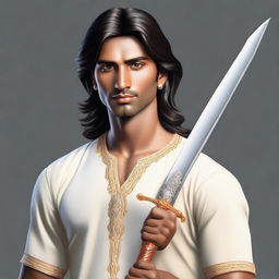 A hyper-realistic portrait of a young, lean Indian man, with fair skin, slightly longer neat hair, in simple casual Indian royal attire, gripping a lifelike diamond sword