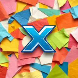 A modern logo design featuring the letter 'X' inspired by Twitter's branding, set against a vibrant paper collage background