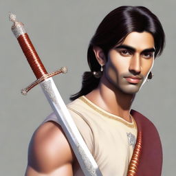 A hyper-realistic portrait of a young, lean Indian man, with fair skin, slightly longer neat hair, in simple casual Indian royal attire, gripping a lifelike diamond sword