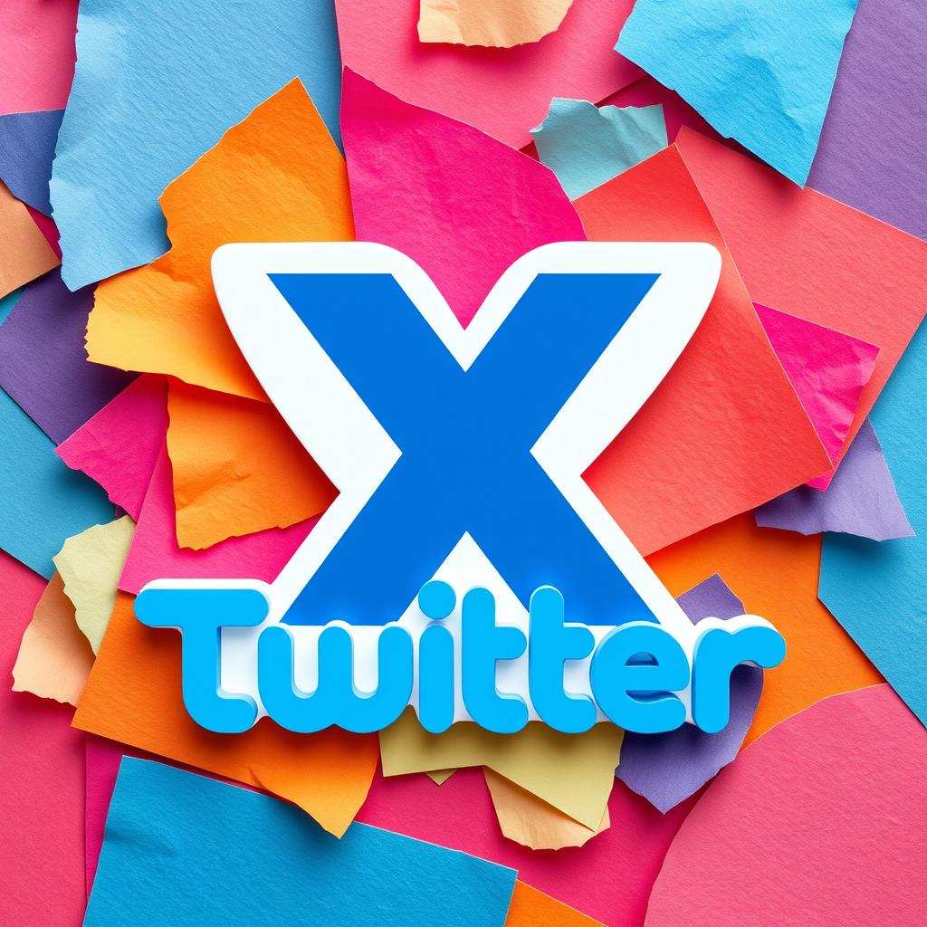 A modern logo design featuring the letter 'X' inspired by Twitter's branding, set against a vibrant paper collage background