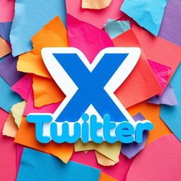 A modern logo design featuring the letter 'X' inspired by Twitter's branding, set against a vibrant paper collage background