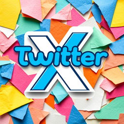A modern logo design featuring the letter 'X' inspired by Twitter's branding, set against a vibrant paper collage background