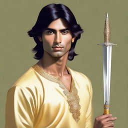 A hyper-realistic portrait of a young, lean Indian man, with fair skin, slightly longer neat hair, dressed in simple casual Indian royal attire of yellow or golden hue, gripping a lifelike diamond sword