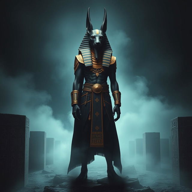 A hauntingly beautiful depiction of Anubis, the Egyptian god of the afterlife, portrayed with the head of a jackal