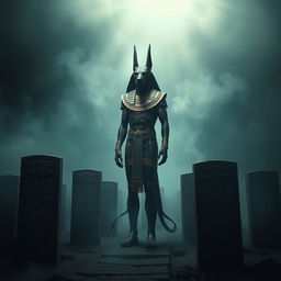 A hauntingly beautiful depiction of Anubis, the Egyptian god of the afterlife, portrayed with the head of a jackal