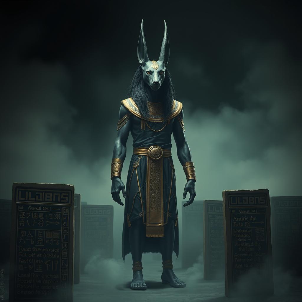 A hauntingly beautiful depiction of Anubis, the Egyptian god of the afterlife, portrayed with the head of a jackal