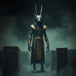 A hauntingly beautiful depiction of Anubis, the Egyptian god of the afterlife, portrayed with the head of a jackal