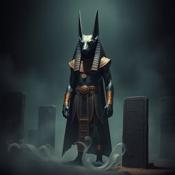 A hauntingly beautiful depiction of Anubis, the Egyptian god of the afterlife, portrayed with the head of a jackal