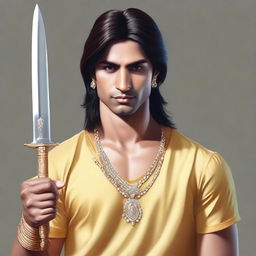 A hyper-realistic portrait of a young, lean Indian man, with fair skin, slightly longer neat hair, dressed in simple casual Indian royal attire of yellow or golden hue, gripping a lifelike diamond sword