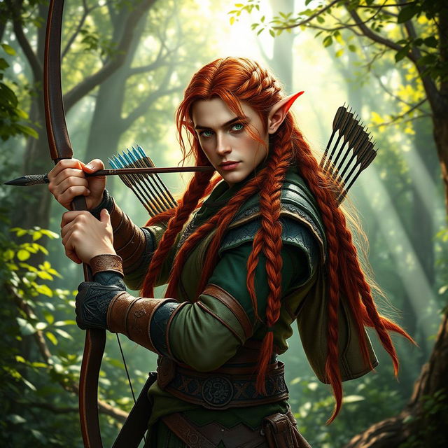 A male elf ranger with long, braided red hair, poised gracefully in an enchanting forest scene