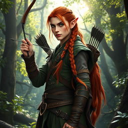 A male elf ranger with long, braided red hair, poised gracefully in an enchanting forest scene