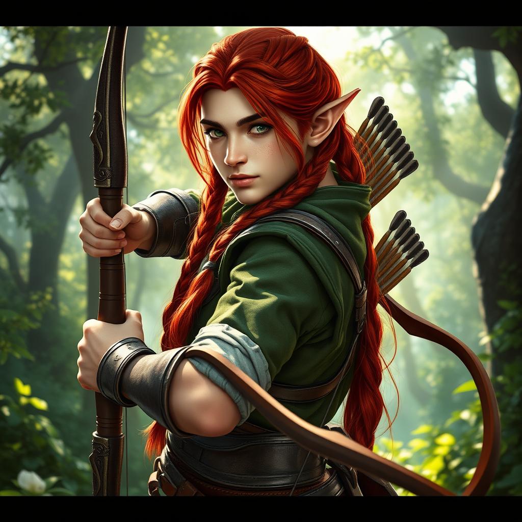 A male elf ranger with long, braided red hair, poised gracefully in an enchanting forest scene