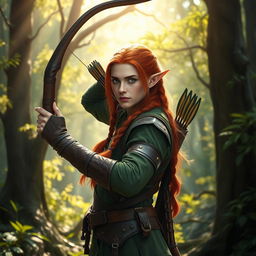 A male elf ranger with long, braided red hair, poised gracefully in an enchanting forest scene