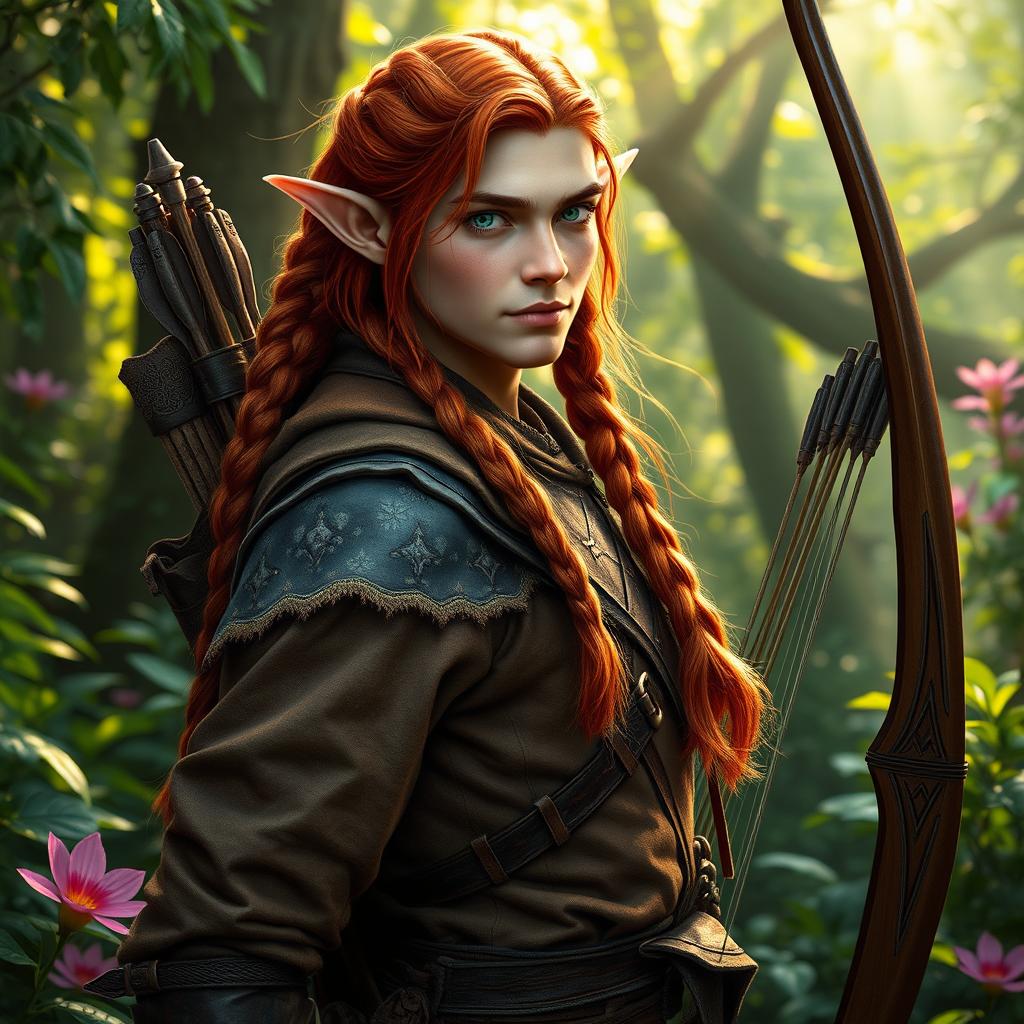 A male elf ranger with long, braided red hair, elegantly poised in a mystical forest setting