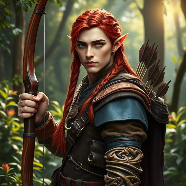 A male elf ranger with long, braided red hair, elegantly poised in a mystical forest setting