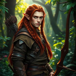 A male elf ranger with long, braided red hair, elegantly poised in a mystical forest setting