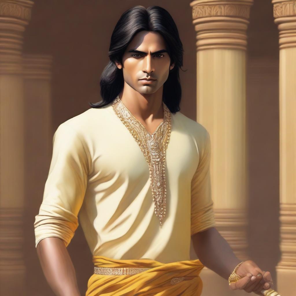 A hyper-realistic portrait of a young, lean Indian man, with fair skin, slightly longer neat hair, dressed in simple casual Indian royal attire of yellow or golden hue, gripping a lifelike diamond sword