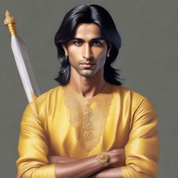 A hyper-realistic portrait of a young, lean Indian man, with fair skin, slightly longer neat hair, dressed in simple casual Indian royal attire of yellow or golden hue, gripping a lifelike diamond sword