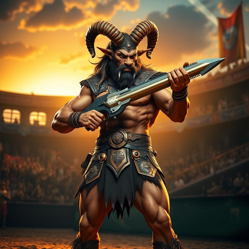 A male satyr gladiator, muscular and imposing, stands confidently in a vibrant arena, showcasing his unique features such as goat-like legs, pointed ears, and curly horns atop his head