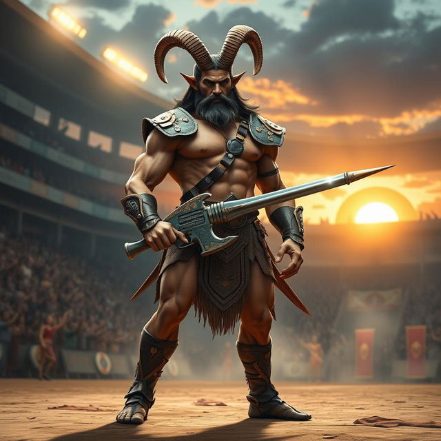 A male satyr gladiator, muscular and imposing, stands confidently in a vibrant arena, showcasing his unique features such as goat-like legs, pointed ears, and curly horns atop his head