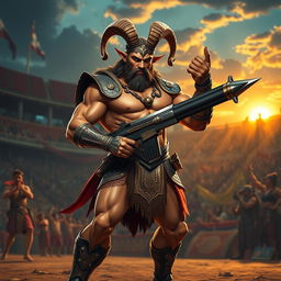 A male satyr gladiator, muscular and imposing, stands confidently in a vibrant arena, showcasing his unique features such as goat-like legs, pointed ears, and curly horns atop his head