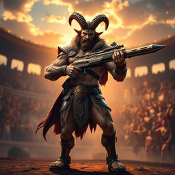 A male satyr gladiator, muscular and imposing, stands confidently in a vibrant arena, showcasing his unique features such as goat-like legs, pointed ears, and curly horns atop his head
