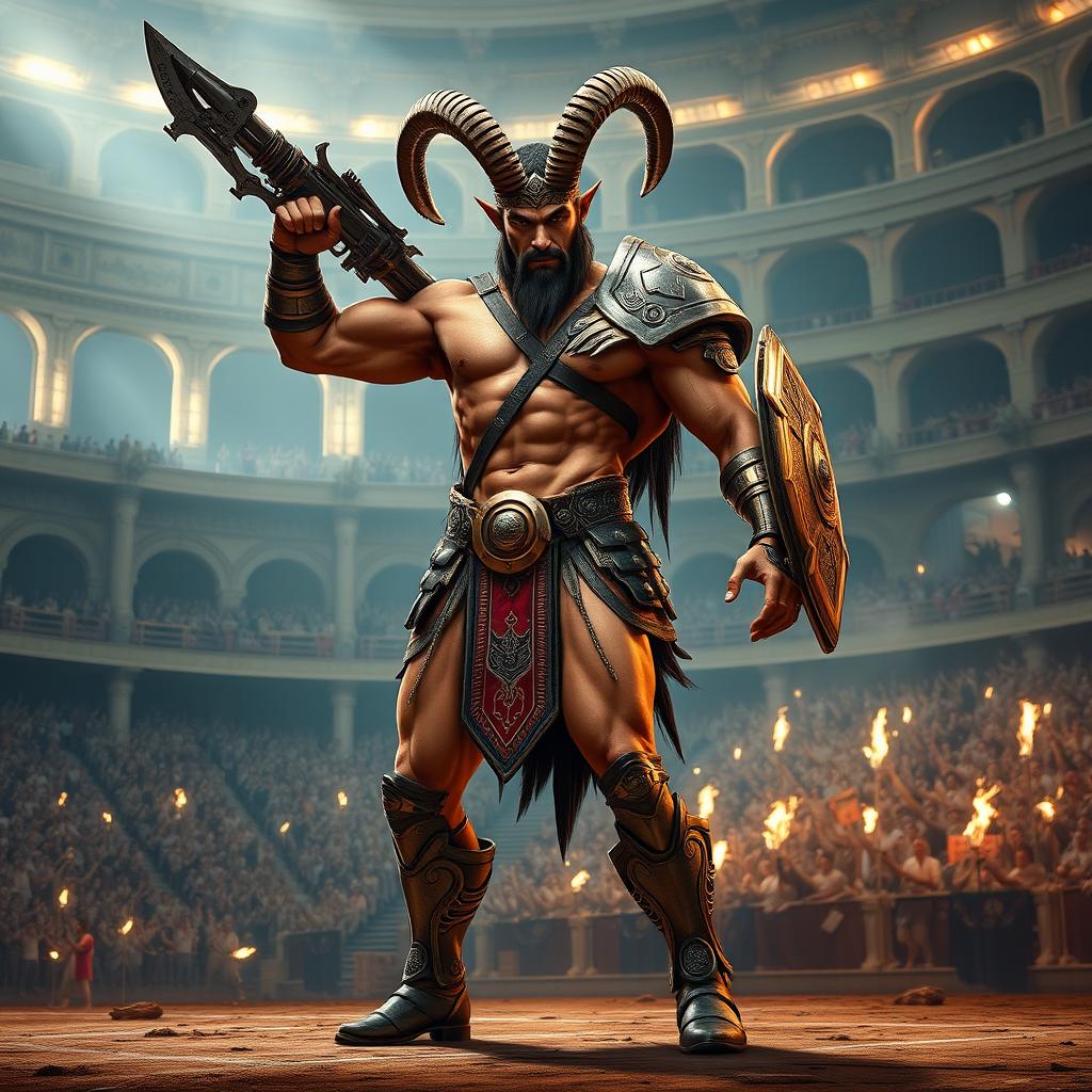 A muscular male satyr gladiator stands poised in a grand coliseum, showcasing his goat-like legs, curled horns, and pointed ears